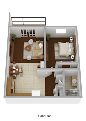 A floor plan of a house with two bedrooms, a living room, a kitchen, and a bathroom.