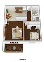 A floor plan of a house with a living room, dining area, kitchen, and bathroom.