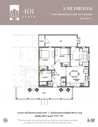 A floor plan for a 2 bedroom, one bathroom apartment at 401 State.