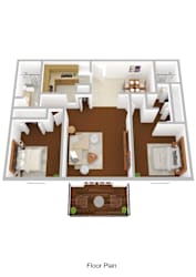 A floor plan of a house with a living room, dining room, kitchen, and two bedrooms.