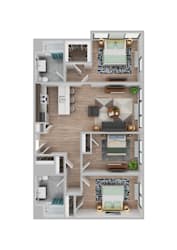 A top-down view of a two-story apartment with a living room, kitchen, and bedrooms.