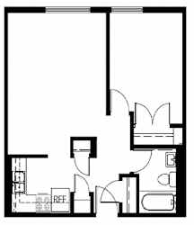 A black and white image of a floor plan with a kitchen, living room, and bathroom.