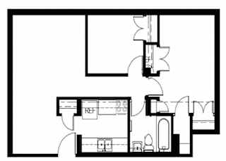 A black and white floor plan of a house with a kitchen, living room, and bathroom.