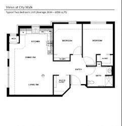 A floor plan of a two bedroom apartment at Views at City Walk.