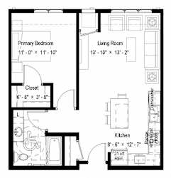 A floor plan of a small apartment with a primary bedroom, living room, kitchen, and closet.