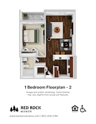 A floor plan of a one bedroom apartment at Red Rock Manor.