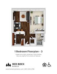 A floor plan of a one bedroom apartment at Red Rock Manor.
