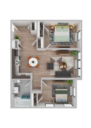 A top-down view of a modern apartment layout with a living room, kitchen, and bedrooms.