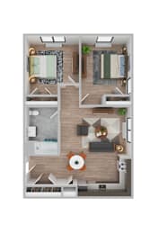 A top-down view of a well-organized apartment with a kitchen, living room, and bedroom.