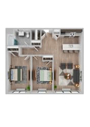 A top-down view of a well-organized kitchen and living room.
