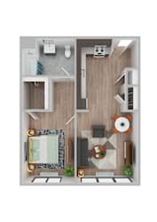 A top-down view of a small apartment with a kitchen, living room, and bathroom.
