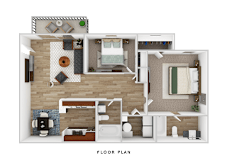 A floor plan of a small apartment with a kitchen, living room, and bedrooms.