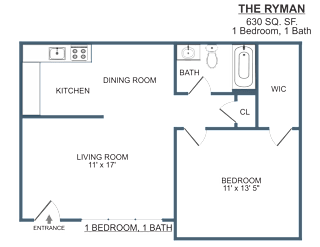 1 Bedroom 1 Bath Floor Plan, 630 SF at Madison Flats, Madison, Tennessee.