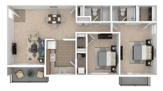 A floor plan of a house with a kitchen, living room, and two bedrooms.