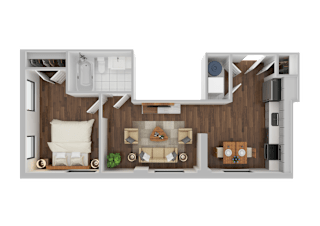 A 3D rendered image of a modern apartment layout.
