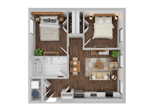 A top-down view of a small apartment with two beds, a kitchen, a living room, and a bathroom.