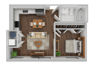 A top-down view of a well-organized apartment with a living room, kitchen, and bathroom.