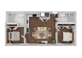 A top-down view of a small apartment with a kitchen, living room, and bedroom.