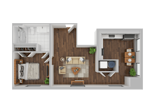 A 3D rendered image of a modern apartment layout.