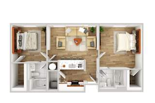a 3d floor plan of a bedroom with a bathroom and a living room