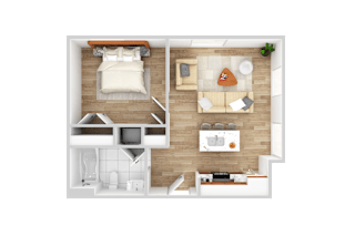 a 3d rendering of a bedroom and living room with a wood floor