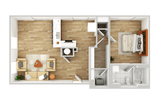 a 3d rendering of a bedroom and living room with a wood floor