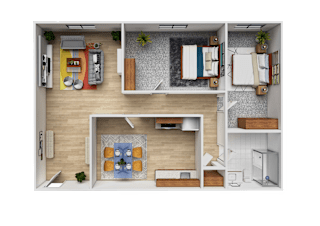 A top-down view of a small apartment with a kitchen, living room, and bathroom.