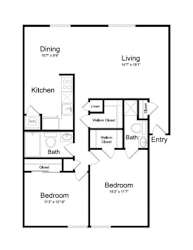 A floor plan of a house with a living room, dining room, kitchen, two bathrooms, and two bedrooms.