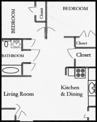 2BR 1BA 775 SqFt