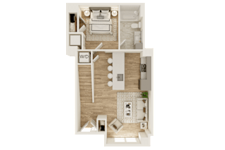 a stylized floor plan with a bedroom and a living room