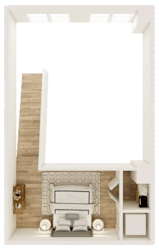a view from above of a living room with a fireplace