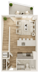 a 3d rendering of a bedroom with a bathroom and a living room