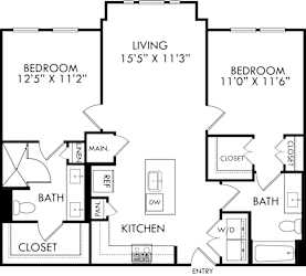 A black and white image of a floor plan for a living space.