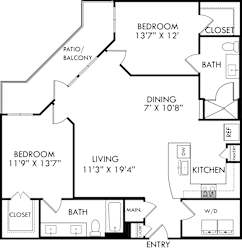 A black and white image of a floor plan for a home with a living room, dining room, kitchen, and two bedrooms.