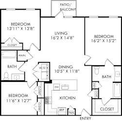 A black and white image of a house floor plan with a living room, two bedrooms, a kitchen, a dining room, a bathroom, a patio/balcony, and an entry.