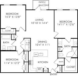 A black and white image of a house floor plan with a living room, dining room, kitchen, and three bedrooms.