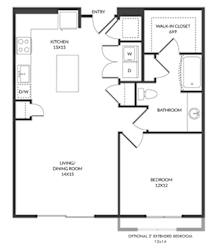 1 bedroom floorplan with L-shaped Kitchen and Island. Pantry, Living/Dining Area, Bedroom and bathroom with Bath/Shower and Walk-in Closet. Optional 2 ft extended bedroom