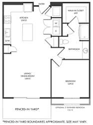 1 bedroom floorplan with L-shaped Kitchen and Island. Pantry, Living/Dining Area, Bedroom and bathroom with Bath/Shower and Walk-in Closet. Fenced-in YardOptional 2 ft extended bedroom