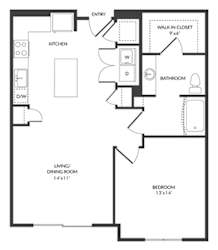1 bedroom floorplan with L-shaped Kitchen and Island. Pantry, W/D Closet, Living/Dining Area, Bedroom and bathroom with bathtub and Walk-in Closet.