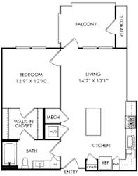 1 bedroom 1 bath floorplan. entry open to kitchen with island and pantry. w/d in kitchen. bath open to L-shaped kitchen and also connected to bedroom by walk-in closet. Balcony with storage.