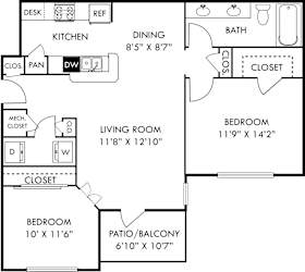 A floor plan of a house with a living room, dining room, kitchen, and three bedrooms.