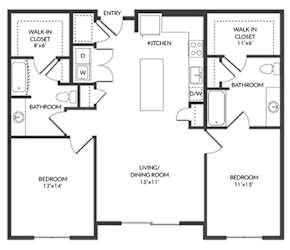 2 bedroom 2 bath floorplan with l-shaped kitchen and island. wld closet, dining area and living area. large walk-in closets.