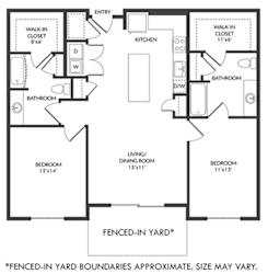 2 bedroom 2 bath floorplan with l-shaped kitchen and island. wld closet, dining area and living area. large walk-in closets. Fenced-in Yard