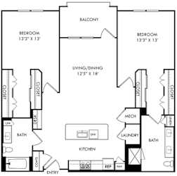 2 bedroom 2 bath floorplan entry open to kitchen with island overlooking living area. bedrooms on opposite sides of floorplan. primary bath with double sink vanity and standalone shower. Balcony off of living room area.