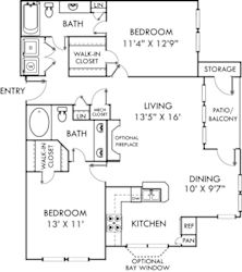 A floor plan of a home with a living room, dining room, kitchen, two bedrooms, and a bathroom.