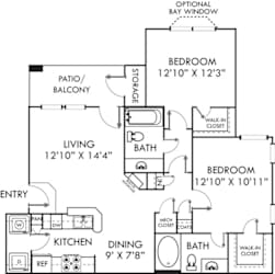 A floor plan of a home with a living room, two bedrooms, a patio, a kitchen, and a dining area.