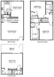 Burberry 3D. 2 bedroom townhome with den. Kitchen with bartop open to living/dinning rooms. 2 full bathrooms + powder room. Patio/balcony.
