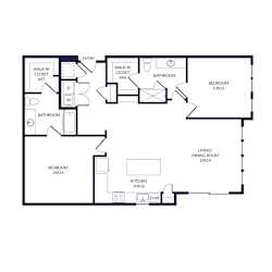 2 Bedroom 2 bath floorplan with L-shaped kitchen, pantry, w/d. one bathroom has a tub/shower while the other is a standalone shower. Walk-in closets.