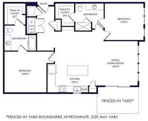 2 Bedroom 2 bath floorplan with L-shaped kitchen, pantry, w/d. one bathroom has a tub/shower while the other is a standalone shower. Walk-in closets. Fenced-in Yard.