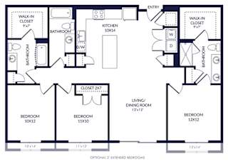 3 Bedroom 3 bath floorplan with L-shaped kitchen, pantry, w/d. two bathrooms have a tub/shower while the other is a standalone shower. Walk-in closets.  optional 2' extended bedrooms